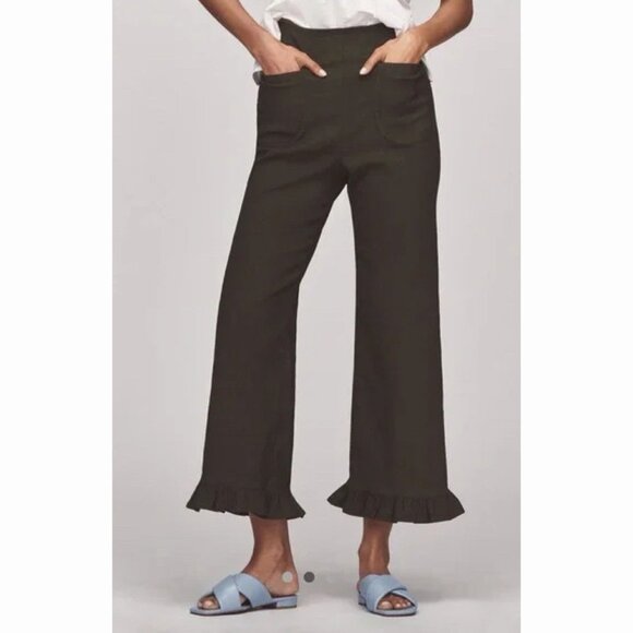 Anthropologie Maeve Colette Magic Fabric Ruffle Hem Crop Wide Leg Pants 33 Green